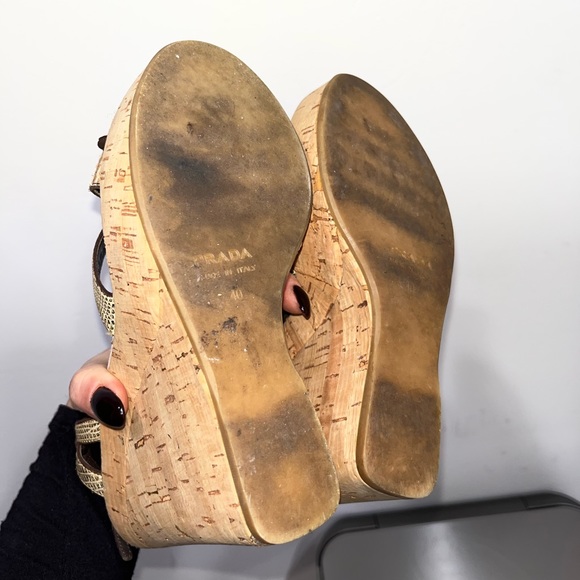 Auth Prada strappy snakeskin python suede cork wedges - Picture 6 of 6